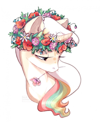 Size: 960x1148 | Tagged: safe, artist:fault sunrise, imported from derpibooru, oc, oc only, pony, unicorn, bust, female, flower, flower in hair, lidded eyes, looking down, mare, portrait, simple background, white background