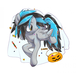 Size: 1920x1864 | Tagged: safe, artist:fault sunrise, imported from derpibooru, oc, oc only, pegasus, pony, basket, candy, food, halloween, holiday, pumpkin bucket, simple background, solo, white background