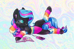 Size: 1920x1279 | Tagged: safe, artist:fault sunrise, imported from derpibooru, oc, oc only, earth pony, pony, abstract background, cassette player, earbuds, eyes closed, female, headphones, leg warmers, lying down, magazine, mare, side, solo, stretching, unshorn fetlocks