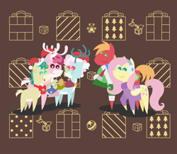 Size: 2160x1872 | Tagged: safe, anonymous artist, imported from derpibooru, alice the reindeer, aurora the reindeer, big macintosh, bori the reindeer, fluttershy, oc, oc:late riser, deer, earth pony, pegasus, pony, reindeer, series:fm holidays, series:hearth's warming advent calendar, abstract background, advent calendar, baby, baby pony, boop, christmas, clothes, colt, female, fluttermac, hat, hat off, hearth's warming, holding a pony, holiday, lineless, male, offspring, pacifier, parent:big macintosh, parent:fluttershy, parents:fluttermac, pointy ponies, santa hat, shipping, straight, sweater, tongue out, turtleneck, winter outfit