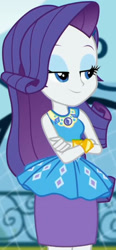 Size: 945x2045 | Tagged: safe, imported from derpibooru, screencap, rarity, equestria girls, equestria girls series, sock it to me, spoiler:choose your own ending (season 2), spoiler:eqg series (season 2), canterlot high, clothes, cropped, crossed arms, cute, dress, female, geode of shielding, gold, jewelry, legs, lidded eyes, magical geodes, necklace, outdoors, raribetes, rarity peplum dress, skirt, sleeveless, smiling, soccer field, sock it to me: rarity, wrist cuffs, wristband