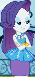 Size: 937x2045 | Tagged: safe, imported from derpibooru, screencap, rarity, equestria girls, equestria girls series, sock it to me, spoiler:eqg series (season 2), canterlot high, clothes, cropped, crossed arms, cute, dress, female, geode of shielding, gold, jewelry, legs, lidded eyes, magical geodes, necklace, outdoors, raribetes, rarity peplum dress, skirt, sleeveless, smiling, soccer field, sock it to me: rarity, wrist cuffs, wristband