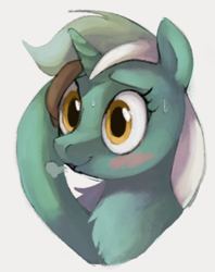 Size: 334x422 | Tagged: safe, artist:dotkwa, imported from derpibooru, lyra heartstrings, pony, unicorn, blushing, bust, female, mare, reaction image, simple background, solo, sweat, sweating towel guy, white background
