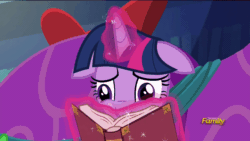 Size: 960x540 | Tagged: safe, imported from derpibooru, screencap, twilight sparkle, alicorn, pony, a hearth's warming tail, blushing, book, discovery family logo, female, floppy ears, gif, glowing horn, horn, magic, mare, non-animated gif, solo, telekinesis, twilight sparkle (alicorn)