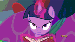 Size: 960x540 | Tagged: safe, imported from derpibooru, screencap, twilight sparkle, alicorn, pony, a hearth's warming tail, book, discovery family logo, female, gif, glowing horn, horn, magic, mare, mid-blink screencap, non-animated gif, smiling, solo, telekinesis, twilight sparkle (alicorn)