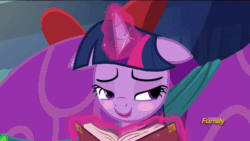 Size: 960x540 | Tagged: safe, imported from derpibooru, screencap, twilight sparkle, alicorn, pony, a hearth's warming tail, blushing, book, floppy ears, gif, non-animated gif, solo, twilight sparkle (alicorn)