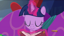 Size: 960x540 | Tagged: safe, imported from derpibooru, screencap, twilight sparkle, alicorn, pony, a hearth's warming tail, blushing, book, cute, eyes closed, gif, non-animated gif, solo, twiabetes, twilight sparkle (alicorn), uwu