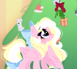 Size: 2581x2337 | Tagged: safe, artist:emberslament, imported from derpibooru, oc, oc only, oc:bay breeze, pegasus, pony, blushing, bow, christmas, christmas tree, cute, female, hair bow, heart, heart eyes, holiday, lineless, looking up, mare, mistletoe, ocbetes, solo, tail, tail bow, tree, wingding eyes