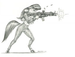 Size: 1400x1065 | Tagged: safe, artist:baron engel, imported from derpibooru, octavia melody, anthro, earth pony, unguligrade anthro, aimpoint, ammunition, assault rifle, badass, breasts, bullet, busty octavia, busty octavia melody, cleavage, clothes, female, firing, gun, magpul, monochrome, open mouth, pencil drawing, rifle, solo, story in the source, traditional art, weapon