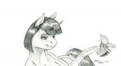 Size: 1500x815 | Tagged: safe, artist:baron engel, imported from derpibooru, oc, oc:marble vein, butterfly, pony, unicorn, female, mare, monochrome, pencil drawing, story included, traditional art