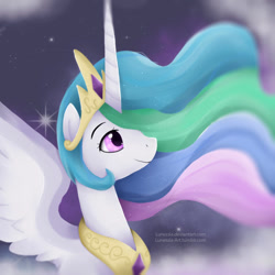 Size: 1000x1000 | Tagged: safe, artist:lunessia, artist:nnaly, imported from derpibooru, princess celestia, alicorn, pony, bust, crown, ethereal mane, female, jewelry, looking up, mare, mist, necklace, night, night sky, portrait, regalia, side view, sky, smiling, solo, spread wings, wings