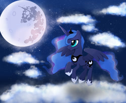 Size: 1024x838 | Tagged: safe, artist:nnaly, imported from derpibooru, princess luna, alicorn, pony, cloud, ethereal mane, female, mare, mare in the moon, moon, night, night sky, sky, solo