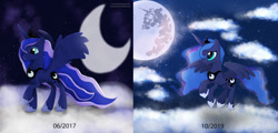 Size: 1024x492 | Tagged: safe, artist:nnaly, imported from derpibooru, princess luna, alicorn, pony, cloud, comparison, draw this again, ethereal mane, female, mare, mare in the moon, moon, night, night sky, redraw, sky, solo