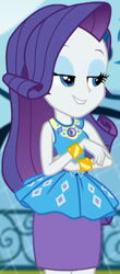 Size: 903x2045 | Tagged: safe, imported from derpibooru, screencap, rarity, equestria girls, equestria girls series, sock it to me, spoiler:eqg series (season 2), canterlot high, clothes, cropped, crossed arms, cute, diamond, dress, female, geode of shielding, gold, jewelry, legs, lidded eyes, lip bite, magical geodes, necklace, outdoors, raribetes, rarity peplum dress, skirt, sleeveless, smiling, sock it to me: rarity, waistband, wrist cuffs