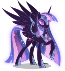 Size: 3677x4000 | Tagged: safe, artist:orin331, imported from derpibooru, twilight sparkle, alicorn, pony, absurd resolution, armor, ethereal mane, evil, eyelashes, female, gameloft, gameloft interpretation, high res, jewelry, mare, nightmare twilight, nightmarified, raised hoof, regalia, simple background, smiling, solo, spread wings, transparent background, twilight sparkle (alicorn), wings