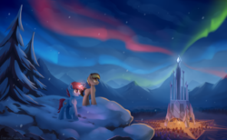 Size: 2840x1745 | Tagged: safe, artist:emeraldgalaxy, imported from derpibooru, oc, oc only, oc:languorld, oc:red diamond, earth pony, pony, unicorn, aurora borealis, commission, crystal empire, duo, glowing horn, hill, horn, male, mountain, open mouth, pine tree, raised hoof, scenery, scenery porn, snow, stallion, tree