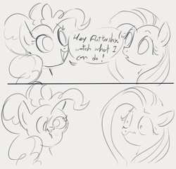 Size: 601x578 | Tagged: safe, artist:dotkwa, imported from derpibooru, fluttershy, pinkie pie, 2 panel comic, comic, dialogue, distortion, grayscale, hollow, monochrome, ponk, ponkie poy, shrunken pupils, squish, wavy mouth