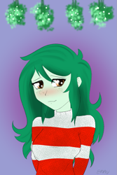 Size: 667x1000 | Tagged: safe, artist:empyu, imported from derpibooru, wallflower blush, equestria girls, 30 minute art challenge, blushing, blushing profusely, clothes, gradient background, mistletoe, simple background, solo, sweater