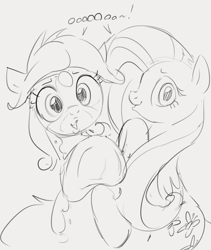 Size: 573x680 | Tagged: safe, artist:dotkwa, imported from derpibooru, fluttershy, oc, oc:dotmare, pegasus, pony, female, frog (hoof), grayscale, monochrome, oooooh, underhoof