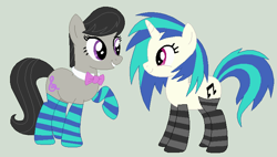 Size: 743x423 | Tagged: safe, artist:jadeharmony, artist:jadethepegasus, artist:selenaede, imported from derpibooru, dj pon-3, octavia melody, vinyl scratch, earth pony, pony, unicorn, base used, bowtie, clothes, female, gray background, grin, lesbian, mare, scratchtavia, shipping, simple background, smiling, socks, striped socks