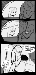 Size: 465x969 | Tagged: safe, artist:owlnon, imported from derpibooru, rainbow dash, twilight sparkle, oc, oc:anon, human, pegasus, pony, unicorn, ..., bipedal, car, comic, dialogue, drawthread, female, grayscale, infidelity, kissing, male, monochrome, straight, unicorn twilight