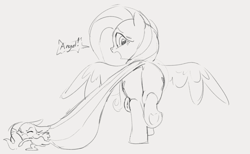 Size: 1282x789 | Tagged: safe, artist:dotkwa, imported from derpibooru, angel bunny, fluttershy, pegasus, pony, rabbit, animal, butt, dialogue, duo, female, flutterbutt, grayscale, mare, monochrome, open mouth, plot, spread wings, underhoof, wings