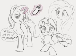 Size: 1008x747 | Tagged: safe, artist:dotkwa, imported from derpibooru, fluttershy, lyra heartstrings, trixie, pegasus, pony, unicorn, double negative, female, knife, magic, mare, monochrome, sketch, speech bubble, telekinesis