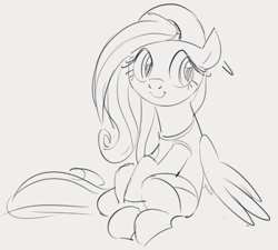 Size: 551x495 | Tagged: safe, artist:dotkwa, imported from derpibooru, fluttershy, pegasus, pony, 90s grunge fluttershy, backwards ballcap, baseball cap, cap, female, gameloft interpretation, hat, mare, monochrome, sitting, sketch, smiling, solo