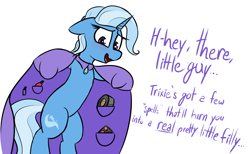 Size: 1264x779 | Tagged: safe, artist:pinkberry, imported from derpibooru, trixie, pony, unicorn, bipedal, blushing, cape, clothes, colored sketch, duct tape, female, imminent foalcon, implied crossdressing, makeup kit, mare, sketch, solo, stranger danger, tape, trixie's cape