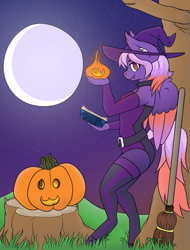 Size: 931x1224 | Tagged: safe, artist:funfact216, imported from derpibooru, oc, oc only, oc:ardent dusk, anthro, pegasus, anthro oc, broom, commission, fire, halloween, hat, holiday, moon, pumpkin, solo, tree stump, wings, witch, witch costume, witch hat