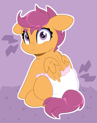 Size: 2873x3658 | Tagged: safe, artist:duckie, imported from derpibooru, scootaloo, pegasus, pony, abdl, abstract background, cute, cutealoo, diaper, diaper fetish, eyebrows, eyebrows visible through hair, female, fetish, filly, looking at you, looking back, looking back at you, non-baby in diaper, solo