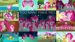 Size: 1968x1107 | Tagged: safe, edit, edited screencap, editor:quoterific, imported from derpibooru, screencap, apple bloom, apple fritter, applejack, fluttershy, orange frog, pinkie pie, spike, twilight sparkle, dragon, too many pinkie pies, apple family member, clone, collage, golden oaks library, male, mirror pool, pinkie clone, pond