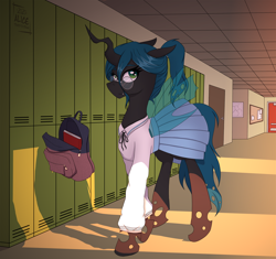 Size: 3290x3088 | Tagged: source needed, safe, artist:alicetriestodraw, imported from derpibooru, queen chrysalis, changeling, changeling queen, backpack, clothes, dork, dorkalis, female, glassalys, glasses, high res, nerd, ponytail, round glasses, school, school uniform, skirt, solo