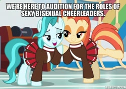 Size: 600x423 | Tagged: safe, edit, edited screencap, imported from derpibooru, screencap, lighthoof, shimmy shake, earth pony, pony, 2 4 6 greaaat, caption, cheerleader, cheerleader outfit, clothes, duo, duo female, female, g4, image macro, mare, memeful.com, raised leg, text