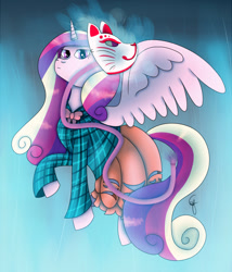 Size: 900x1050 | Tagged: safe, artist:eliestia, imported from derpibooru, princess cadance, alicorn, pony, clothes, cosplay, costume, crossover, dress, female, hata no kokoro, irony, kabuki, mare, mask, skirt, solo, touhou, wings