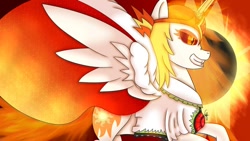 Size: 1192x670 | Tagged: safe, artist:eliestia, imported from derpibooru, daybreaker, princess celestia, alicorn, pony, clothes, cosplay, costume, crossover, female, mane of fire, mare, reiuji utsuho, solo, sun, touhou, wings