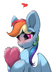 Size: 2145x2944 | Tagged: safe, artist:php143, artist:skitsniga, artist:skitsroom, imported from derpibooru, rainbow dash, pegasus, pony, blushing, bust, ear fluff, female, floating heart, heart, mare, open mouth, simple background, solo, tsunderainbow, tsundere, white background