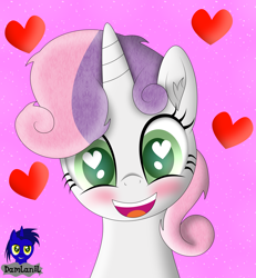 Size: 3840x4154 | Tagged: safe, artist:damlanil, imported from derpibooru, sweetie belle, pony, unicorn, blushing, cute, diasweetes, female, filly, floating heart, happy, heart, heart eyes, horn, looking at you, mare, open mouth, pink background, simple background, smiling, vector, weapons-grade cute, wingding eyes