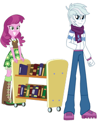 Size: 1200x1498 | Tagged: safe, artist:ferrokiva, artist:masem, edit, imported from derpibooru, cheerilee, double diamond, equestria girls, absurd resolution, bookcart, clothes, doublecheer, equestria girls-ified, female, grin, male, scarf, shipping, simple background, smiling, straight, transparent background, vector