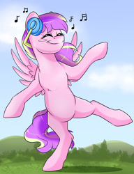 Size: 1159x1512 | Tagged: safe, artist:ali-selle, imported from derpibooru, oc, oc only, oc:quirky craft, pegasus, pony, commission, dancing, eyes closed, happy, music, smiling, solo, standing, standing on one leg, ych result