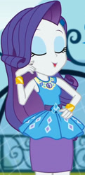 Size: 986x2045 | Tagged: safe, imported from derpibooru, screencap, rarity, equestria girls, equestria girls series, sock it to me, spoiler:eqg series (season 2), canterlot high, clothes, cropped, cute, diamond, dress, eyes closed, female, geode of shielding, gold, hand on hip, jewelry, legs, magical geodes, necklace, outdoors, raribetes, rarity peplum dress, skirt, sleeveless, smiling, soccer field, sock it to me: rarity, waistband, wrist cuffs