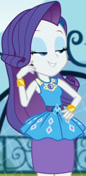 Size: 1001x2045 | Tagged: safe, imported from derpibooru, screencap, rarity, equestria girls, equestria girls series, sock it to me, spoiler:eqg series (season 2), canterlot high, clothes, cropped, cute, diamond, dress, female, geode of shielding, gold, hand on hip, jewelry, legs, lidded eyes, magical geodes, necklace, outdoors, raribetes, rarity peplum dress, skirt, sleeveless, smiling, soccer field, sock it to me: rarity, waistband, wrist cuffs