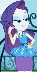 Size: 1047x2045 | Tagged: safe, imported from derpibooru, screencap, rarity, equestria girls, equestria girls series, sock it to me, spoiler:eqg series (season 2), canterlot high, clothes, cropped, cute, diamond, dress, female, geode of shielding, gold, hand on hip, jewelry, legs, lidded eyes, magical geodes, necklace, outdoors, raribetes, rarity peplum dress, skirt, sleeveless, smiling, soccer field, sock it to me: rarity, waistband, wrist cuffs