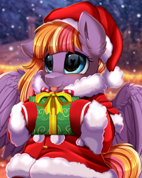 Size: 2550x3209 | Tagged: safe, artist:pridark, imported from derpibooru, part of a set, oc, oc:morning mistral, pegasus, pony, blue eyes, christmas, clothes, commission, costume, cute, female, gift wrapped, hat, high res, holding, holiday, santa costume, santa hat, smiling, solo, teenager, wings, ych result