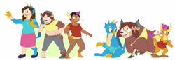 Size: 4096x1420 | Tagged: safe, artist:fauvfox, imported from derpibooru, gallus, smolder, yona, oc, oc:acesential, dragon, griffon, human, yak, character to character, clothes, female to male, fire, fire breath, human oc, human to dragon, human to griffon, human to yak, male to female, open mouth, pants, polo shirt, rule 63, shirt, shoes, skirt, smolder fuel, transformation, transgender transformation