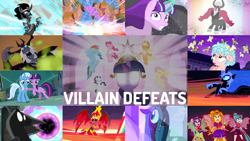 Size: 1958x1101 | Tagged: safe, edit, edited screencap, editor:quoterific, imported from derpibooru, screencap, adagio dazzle, applejack, aria blaze, cozy glow, discord, fluttershy, king sombra, lord tirek, nightmare moon, pinkie pie, pony of shadows, queen chrysalis, rainbow dash, rarity, sonata dusk, starlight glimmer, storm king, sunset shimmer, trixie, twilight sparkle, a canterlot wedding, equestria girls, equestria girls (movie), friendship is magic, magic duel, my little pony: the movie, rainbow rocks, school raze, shadow play, the crystal empire, the cutie map, the return of harmony, twilight's kingdom, antagonist, big crown thingy, chaos, collage, defeat, discorded landscape, element of magic, jewelry, mane six, regalia, royal guard, sunset satan, the dazzlings, the elements in action