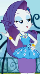 Size: 1107x2045 | Tagged: safe, imported from derpibooru, screencap, rarity, equestria girls, equestria girls series, sock it to me, spoiler:eqg series (season 2), canterlot high, clothes, cropped, cute, diamond, dress, female, geode of shielding, gold, hand on hip, jewelry, legs, lidded eyes, magical geodes, necklace, outdoors, raribetes, rarity peplum dress, skirt, sleeveless, smiling, soccer field, sock it to me: rarity, waistband, wrist cuffs