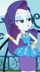 Size: 1145x2045 | Tagged: safe, imported from derpibooru, screencap, rarity, equestria girls, equestria girls series, sock it to me, spoiler:eqg series (season 2), canterlot high, clothes, cropped, cute, diamond, dress, female, geode of shielding, gold, hand on hip, jewelry, legs, lidded eyes, magical geodes, necklace, outdoors, raribetes, rarity peplum dress, skirt, sleeveless, smiling, soccer field, sock it to me: rarity, waistband, wrist cuffs