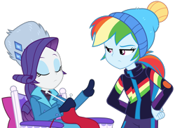 Size: 4450x3247 | Tagged: safe, artist:sketchmcreations, imported from derpibooru, rainbow dash, rarity, equestria girls, equestria girls series, holidays unwrapped, spoiler:eqg series (season 2), alternate hairstyle, blizzard or bust, chair, clothes, coat, eyes closed, female, gloves, hand on hip, hands on hip, hat, jacket, knitting, mittens, nice hat, ponytail, rainbow dash is not amused, raised eyebrow, scarf, simple background, sitting, toque, transparent background, unamused, vector, winter outfit