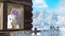 Size: 2560x1440 | Tagged: dead source, safe, artist:etheria galaxia, imported from derpibooru, oc, oc only, oc:etheria galaxia, oc:scratch wub, alicorn, pony, unicorn, 60 fps, alicorn oc, animated, cinemagraph, coffee, eyebrows, eyebrows visible through hair, female, horn, log cabin, male, no sound, snow, snowfall, stallion, webm, window, wings